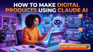Entrepreneur creating digital products using Claude AI on a laptop.